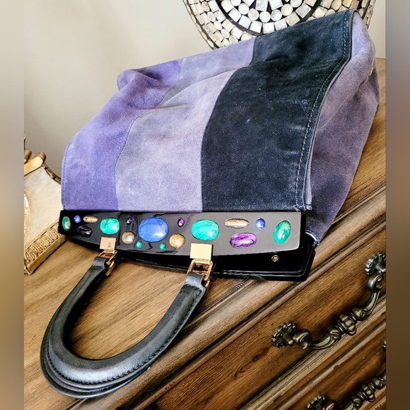 Tory Burch Attersee Women Luxe Suede Frame Satchel Bag Jewel /Black Large - Picture 8 of 16